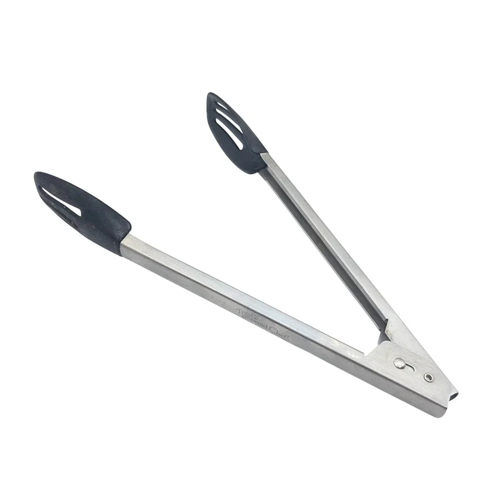 Pampered Chef Stainless Steel Locking Tongs Black Nylon Heads Kitchen Tool T4